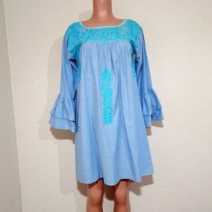 Mi Golondrina Blue Flores Dress 3/4 Ruffle Bell Sleeves Embroidered